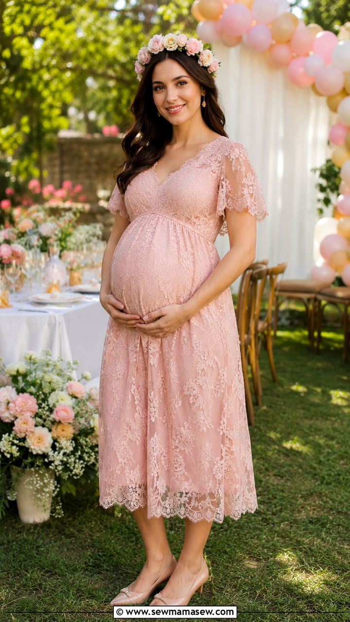 Maternity Baby Shower Lace Dress with Heels - 25 outfit ideas for pregnant women