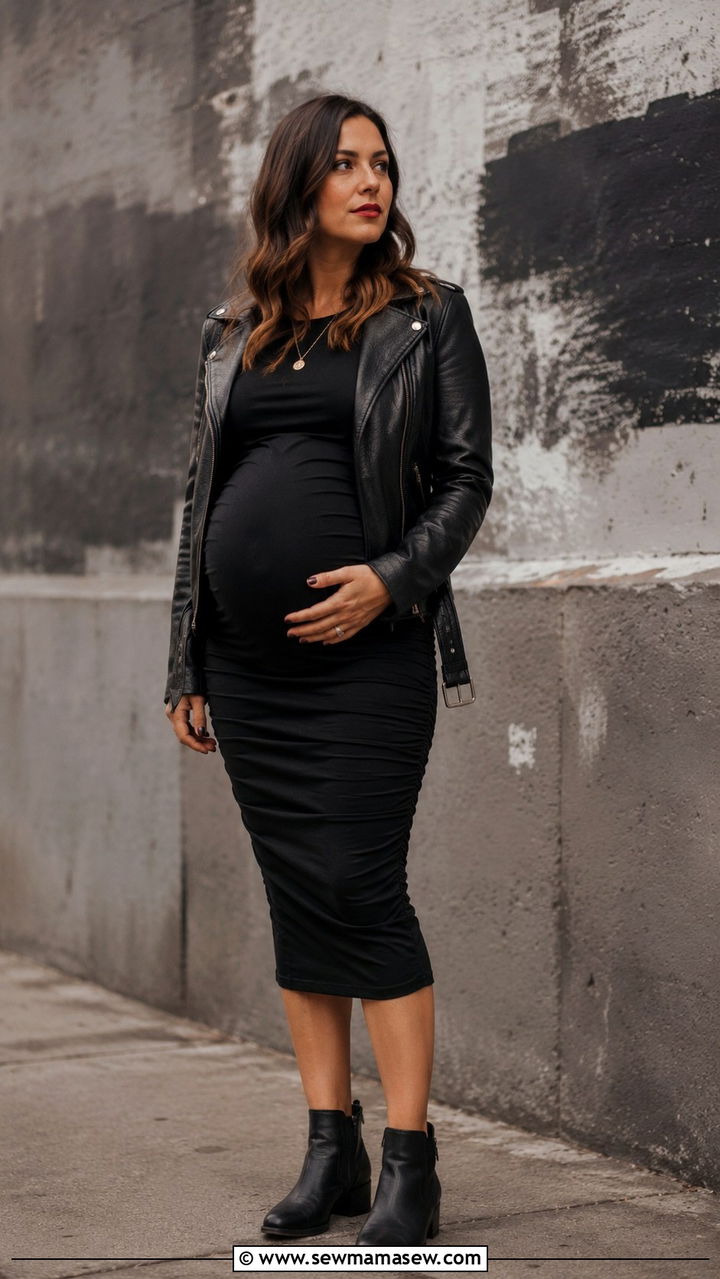 Maternity Bodycon Dress and Leather Jacket Outfit - 20 Maternity outfit ideas second trimester