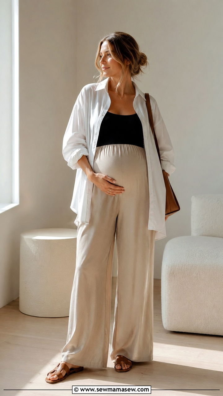 Maternity Button Down Shirt with Wide Leg Pants - 25 outfit ideas for pregnant women