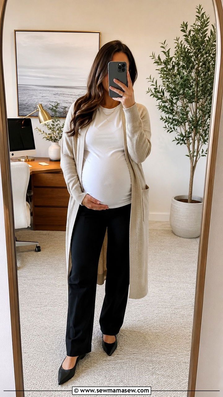 Maternity Cardigan and Dress Pants Outfit - 25 work outfits for pregnant women