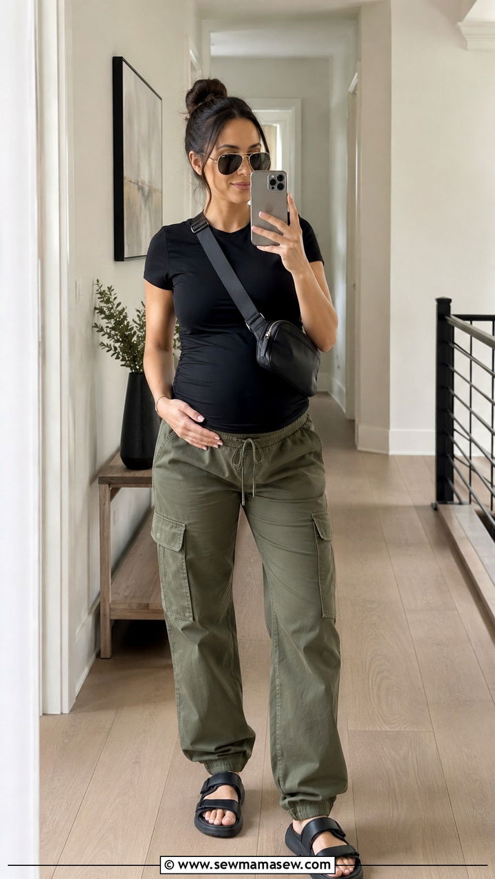 Maternity Cargo Pants and Fitted Tee Outfit - 20 Maternity outfit ideas second trimester