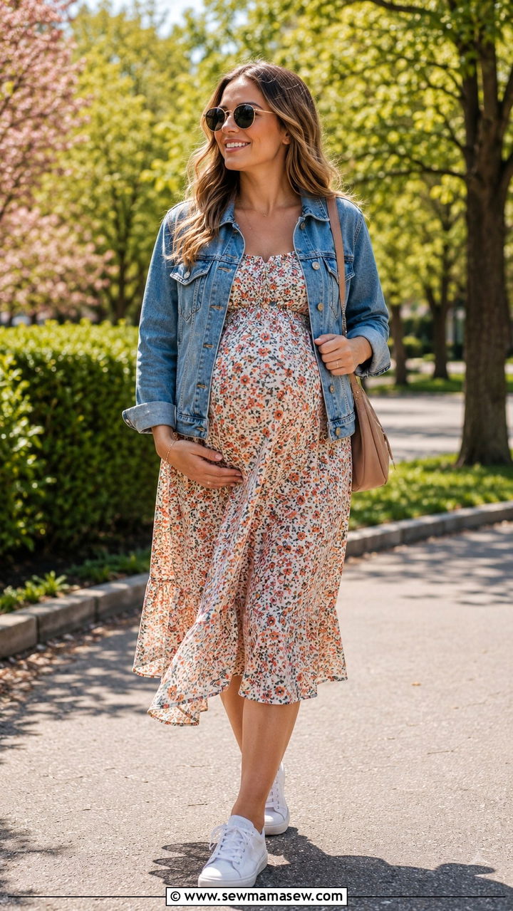 Maternity Denim Jacket Over Floral Dress - 25 outfit ideas for pregnant women