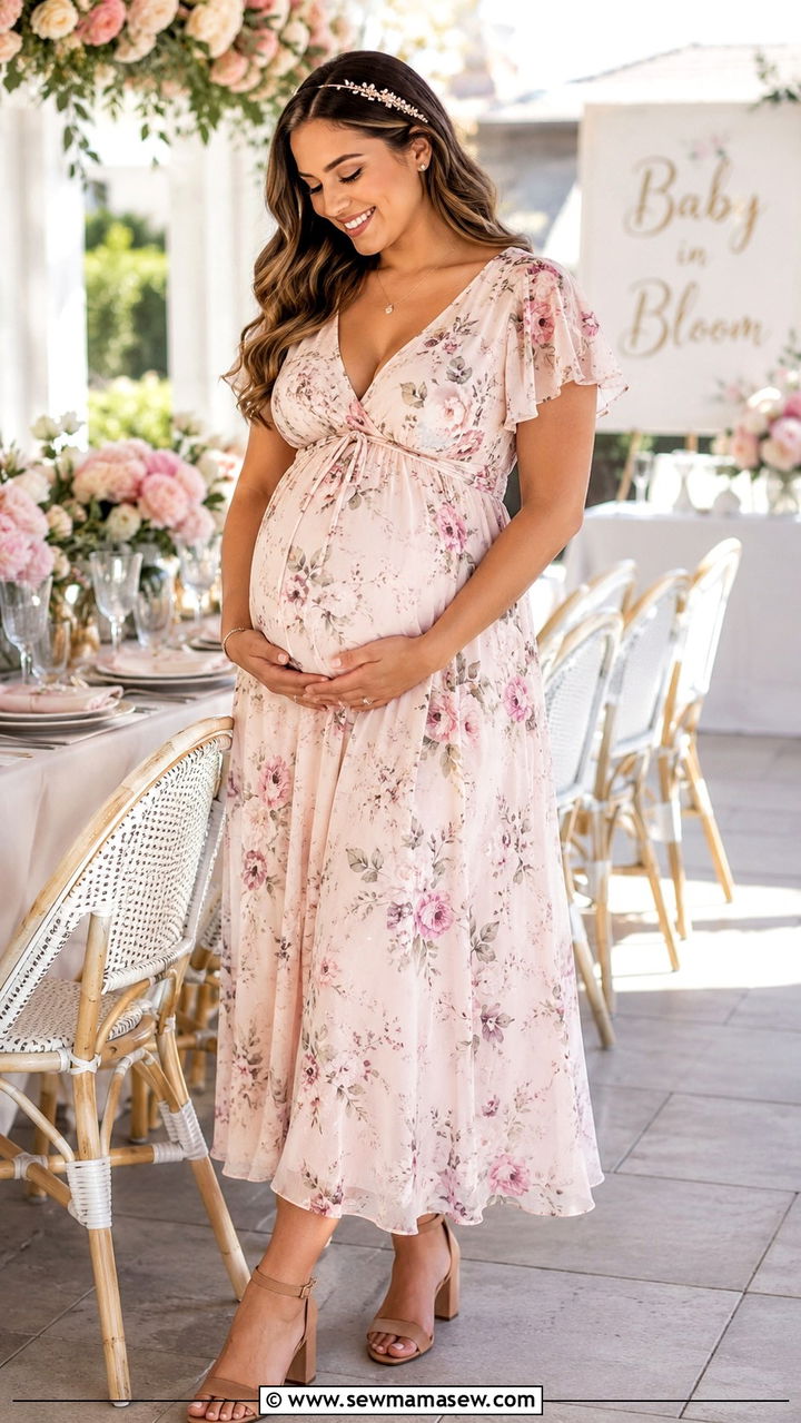 Maternity Empire Waist Dress with Low Heels - 25 Baby shower brunch outfit ideas