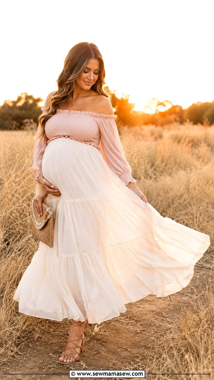 Maternity Flowy Maxi Skirt And Off Shoulder Top - 20 Maternity outfit ideas 9 months