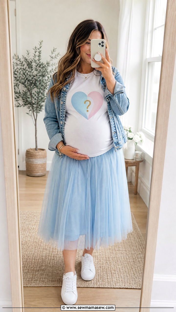 Maternity Graphic Tee and Skirt Gender Reveal - 30 Gender reveal photo outfit ideas