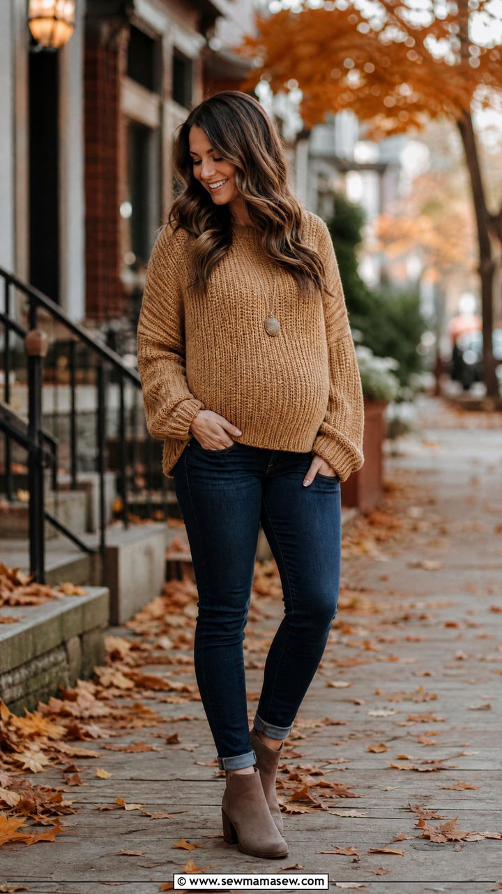 Maternity Jeans And Chunky Knit Sweater Outfit - 25 First trimester outfit ideas