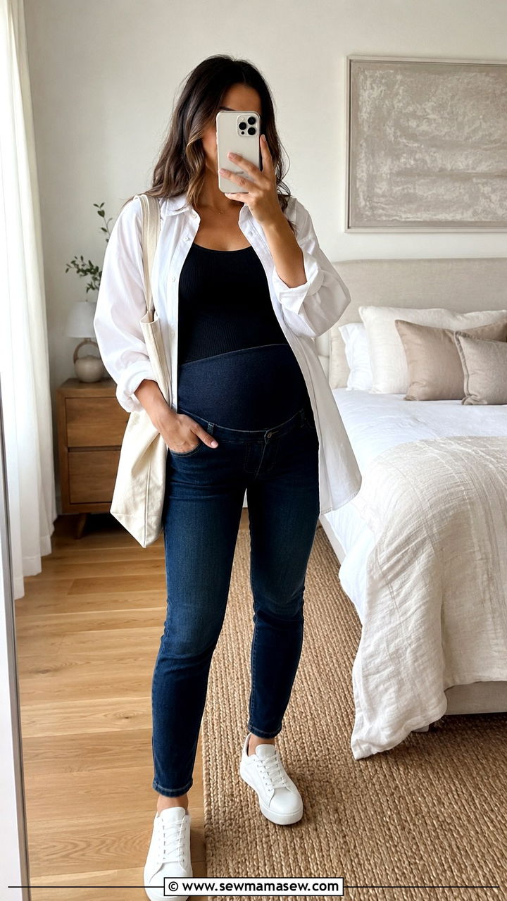 Maternity Jeans And Oversized Button Down - 20 Maternity outfit ideas 9 months