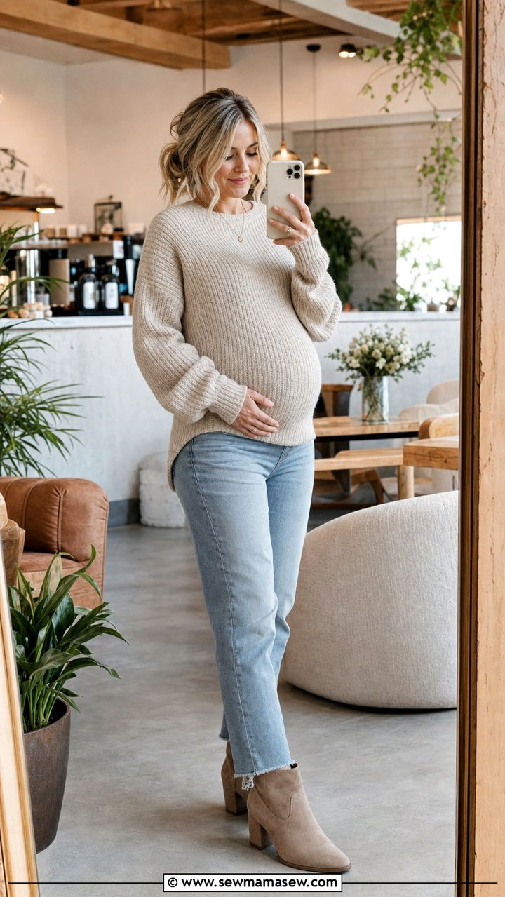 Maternity Jeans With Chunky Knit Sweater - 25 classy outfits for pregnant women