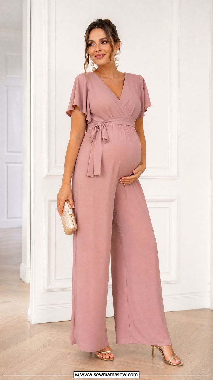 Maternity Jumpsuit with Statement Earrings - 35 Maternity wedding guest outfits