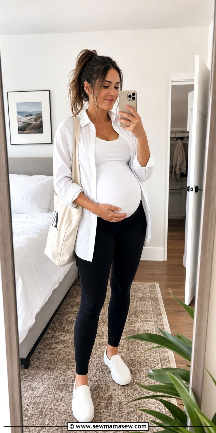 Maternity Leggings with Oversized Button Down - 25 spring outfits for pregnant women