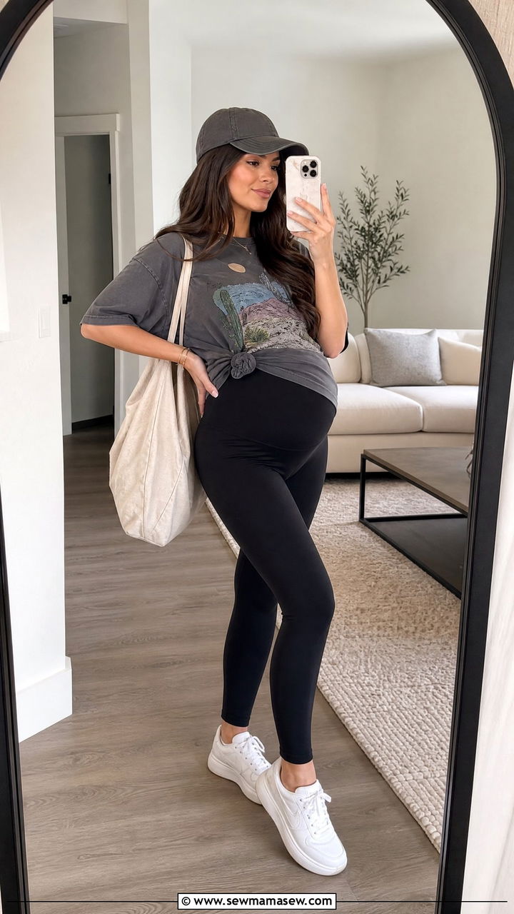 Maternity Leggings with Oversized Graphic Tee - 30 Summer outfit ideas for pregnant women