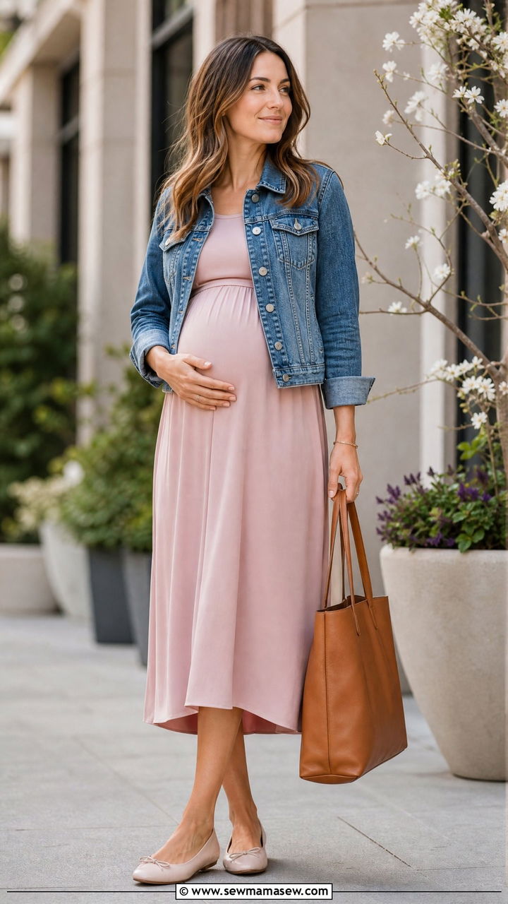 Maternity Midi Dress With Ballet Flats - 35 Maternity outfit ideas for work