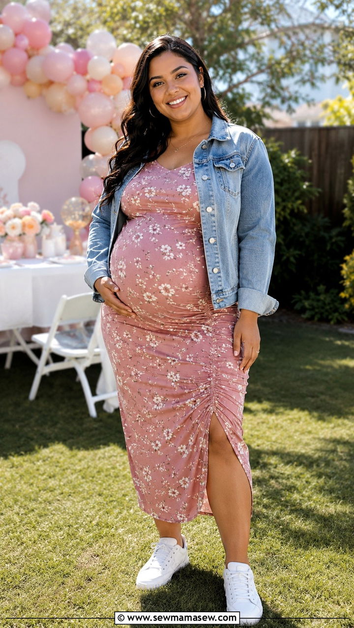 Maternity Midi Dress With Denim Jacket - 30 Plus size outfit ideas for baby shower