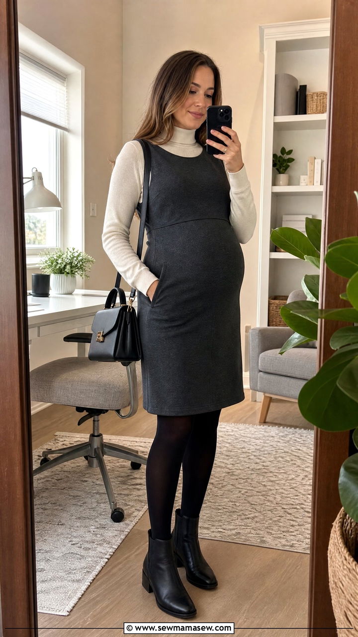 Maternity Pinafore Dress with Layered Turtleneck - 30 Maternity outfit ideas corporate