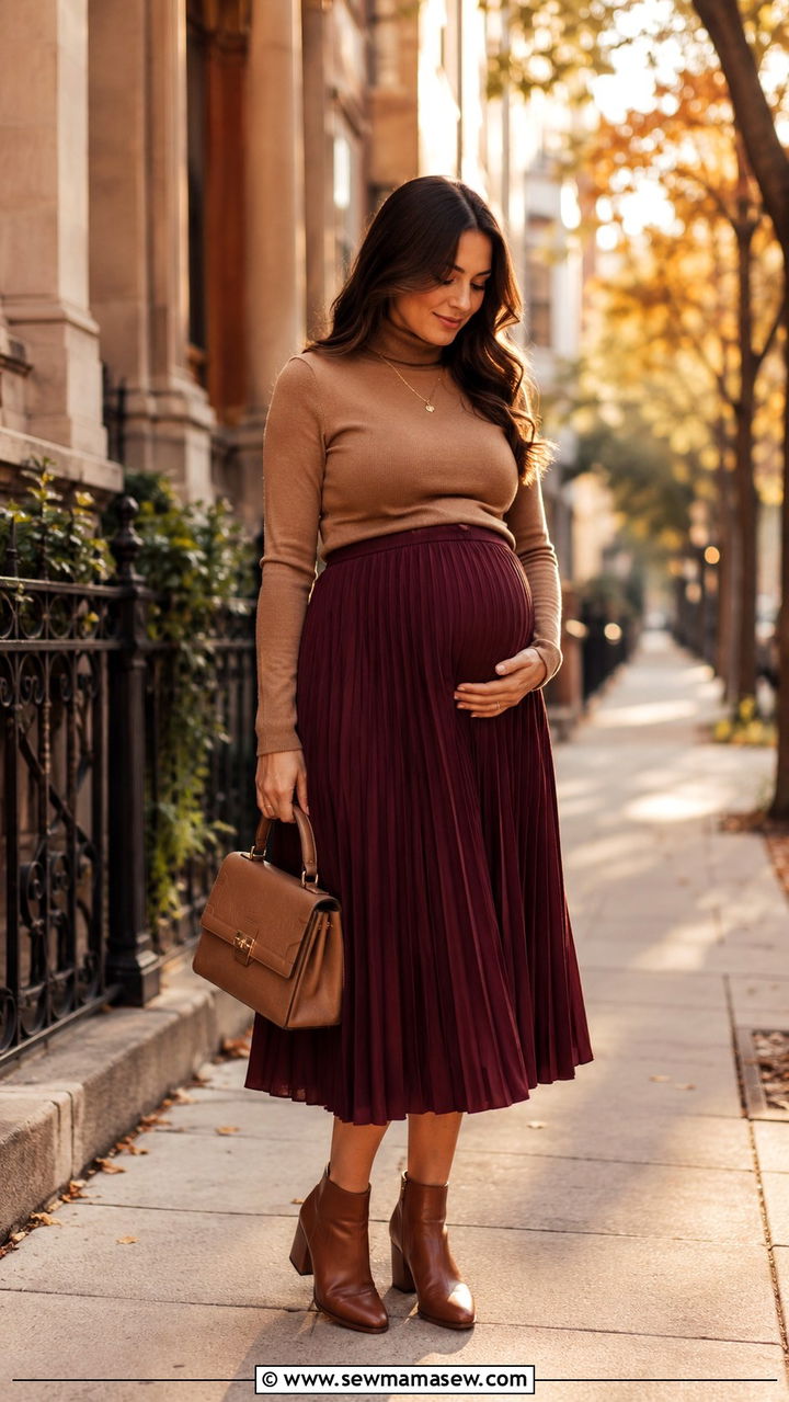 Maternity Pleated Skirt with Turtleneck Sweater - 25 outfit ideas for pregnant women