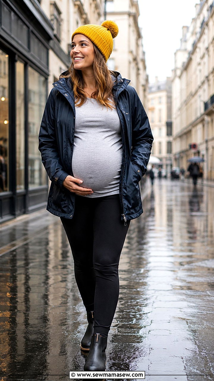 Maternity Rain Jacket With Leggings And Waterproof Boots - 25 Travel outfit ideas for pregnant women