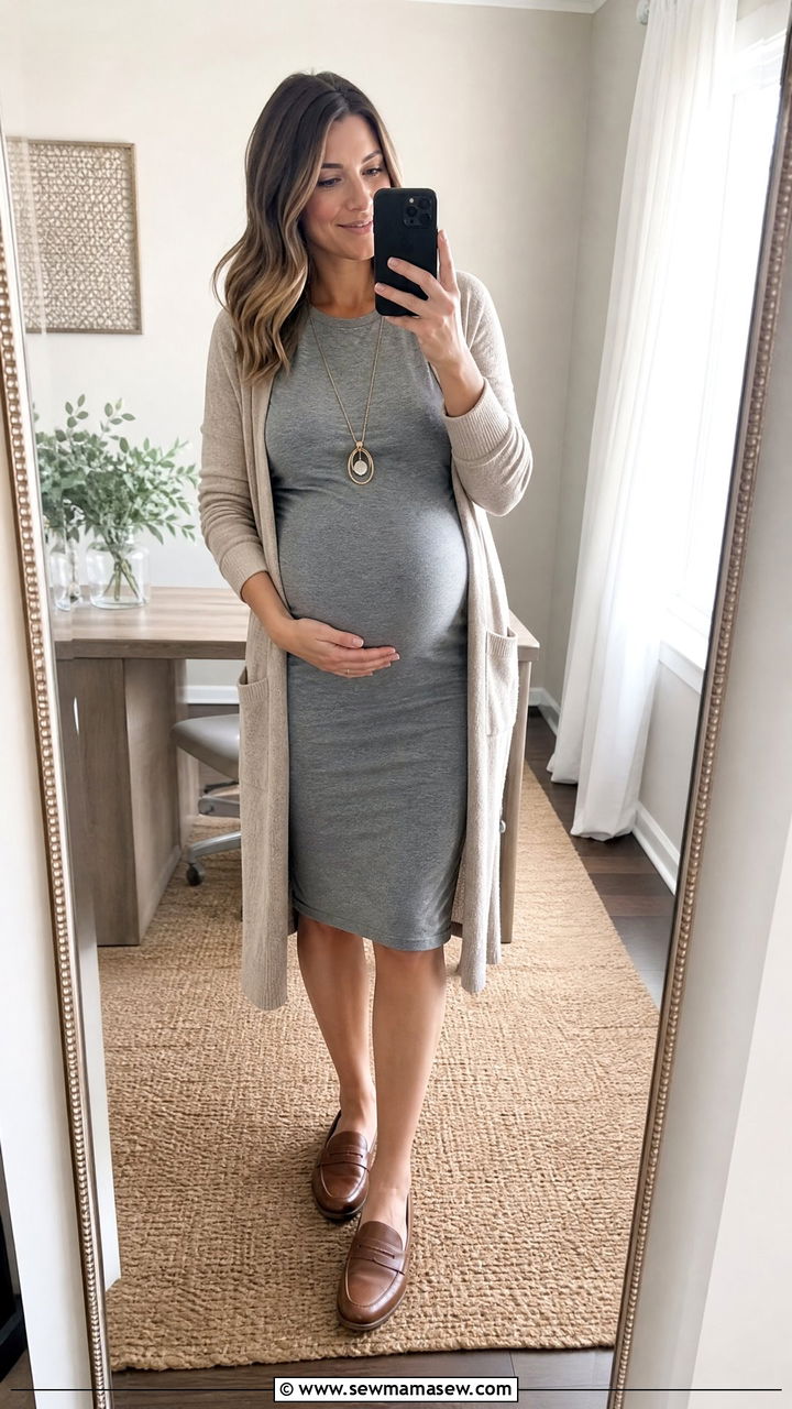 Maternity Sheath Dress With Cardigan - 35 Maternity outfit ideas for work