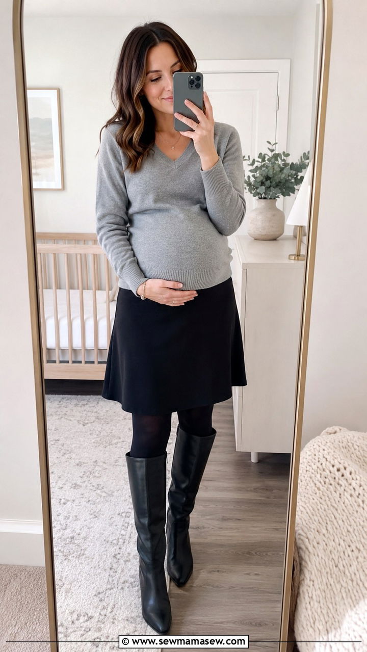 Maternity V Neck Sweater and Skirt Outfit - 25 work outfits for pregnant women