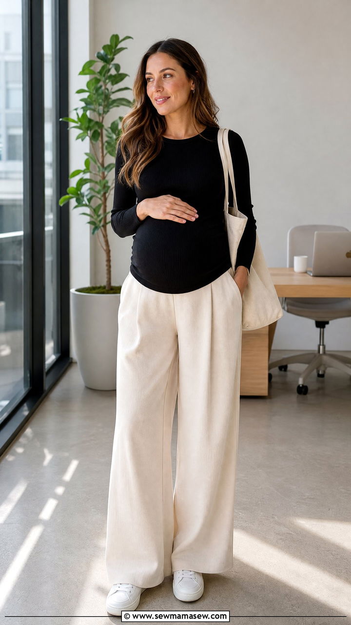 Maternity Wide Leg Trousers and Knit Top - 35 Maternity outfit ideas for work