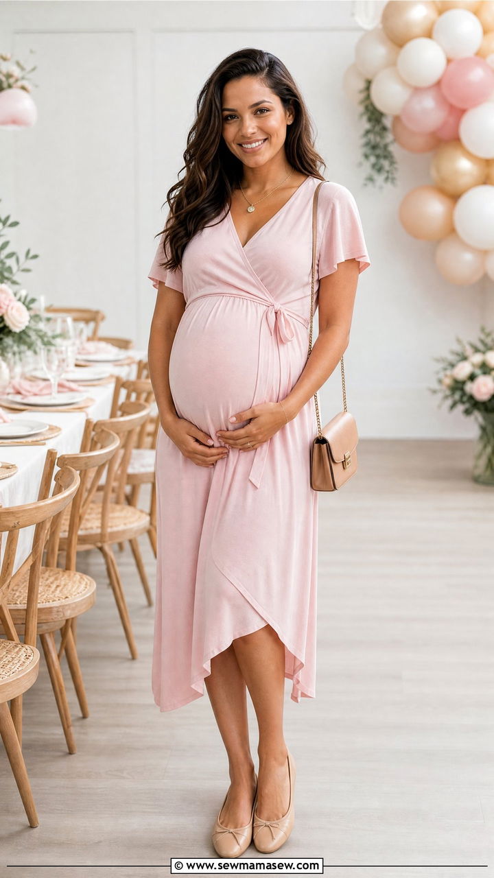 Maternity Wrap Dress With Ballet Flats - 25 Casual baby shower outfits