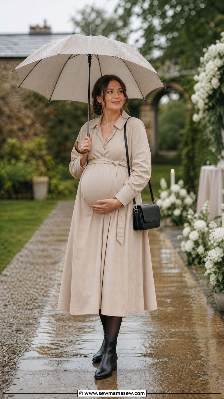 Maternity belted trench dress for rainy day wedding - 30 Maternity outfit ideas for wedding guest