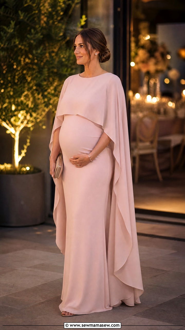 Maternity cape dress for wedding guest - 30 Maternity outfit ideas for wedding guest