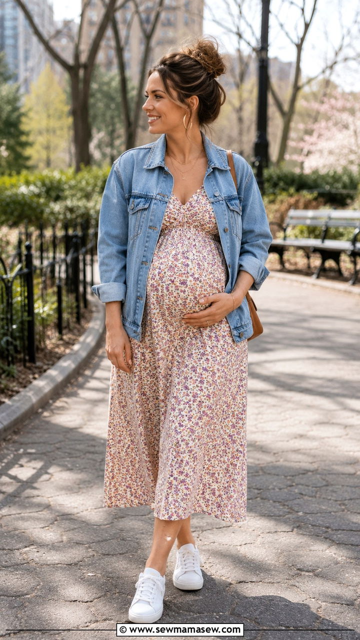 Maternity denim jacket outfit with midi dress - 25 Mom to be outfit ideas