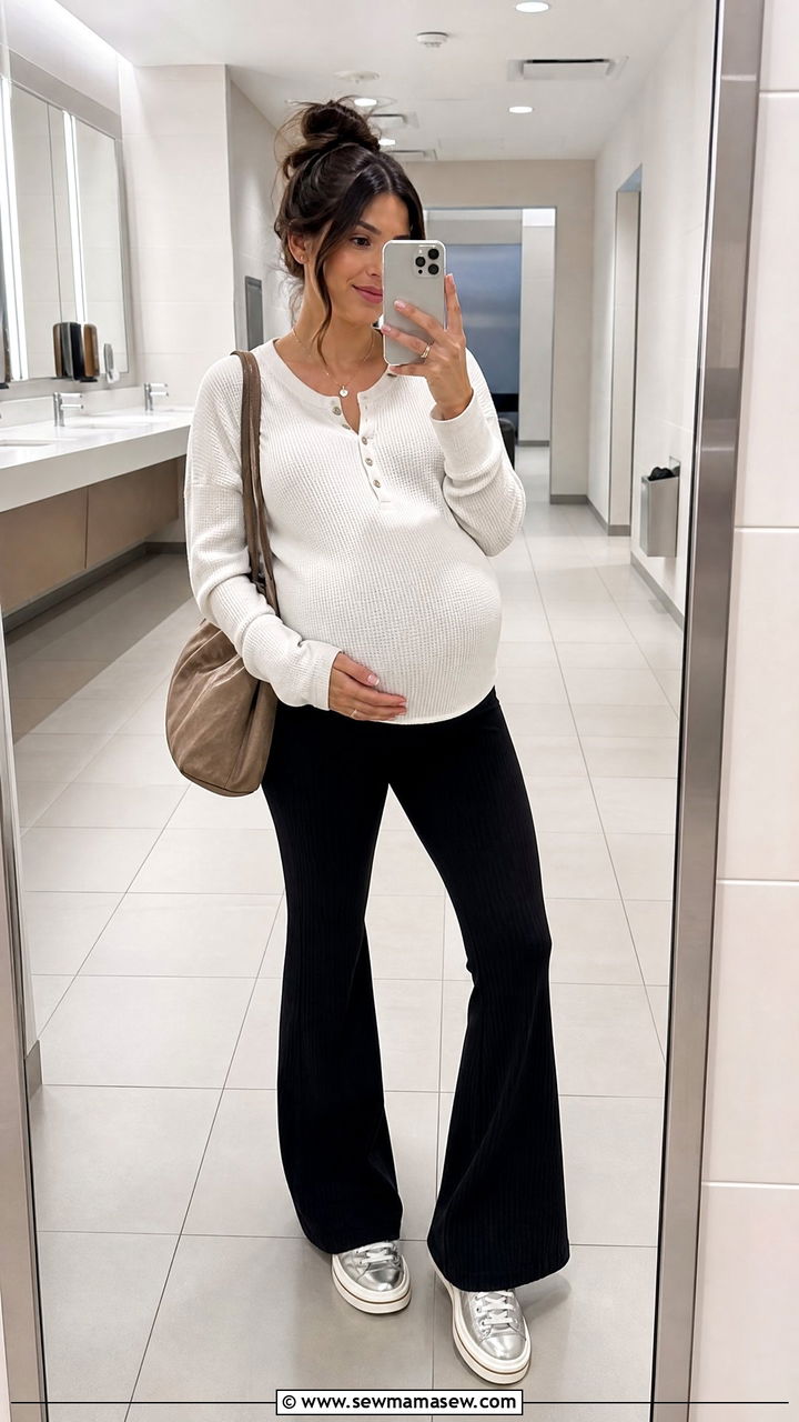 Maternity flared knit pants with henley top and platform sneakers - 25 Maternity outfit ideas for airport