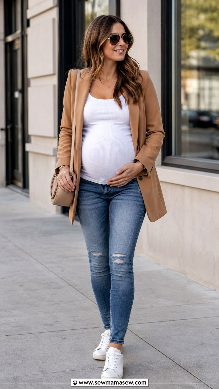 Maternity jeans outfit with oversized blazer - 25 Mom to be outfit ideas