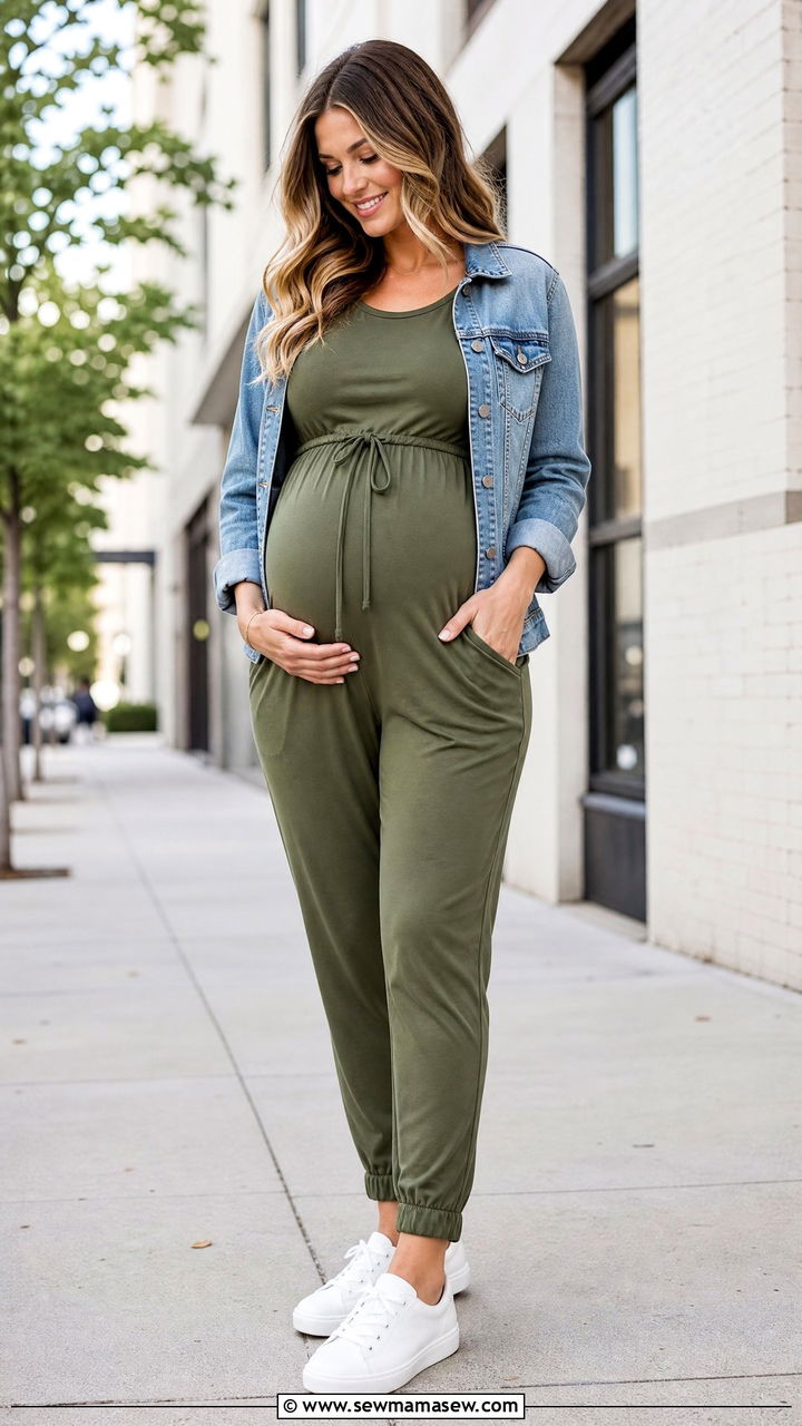 Maternity jumpsuit with white sneakers - 20 Maternity outfit ideas 2026