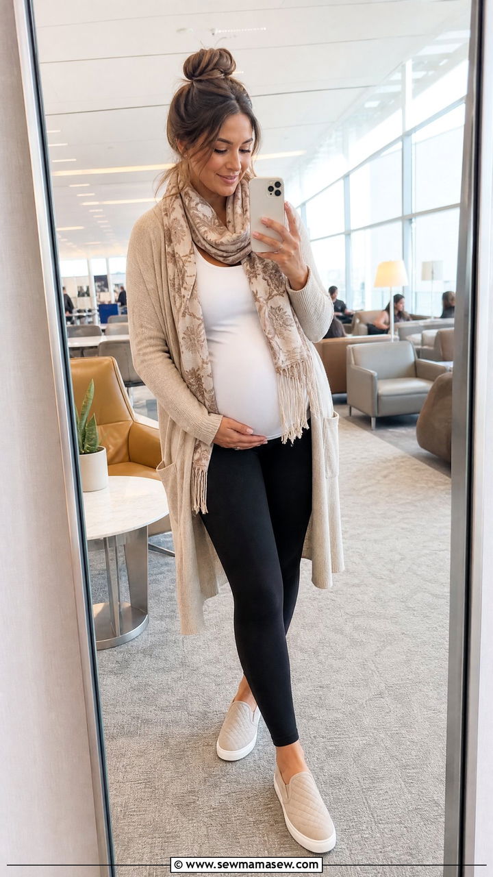 Maternity leggings and cardigan airplane outfit - 30 Maternity outfit ideas for vacation