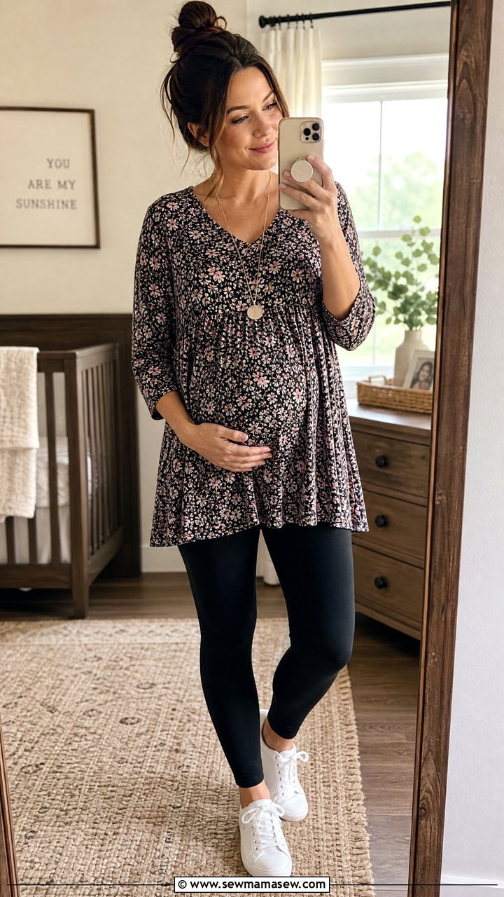 Maternity leggings and flowy tunic top - 30 Summer outfit ideas for new mom