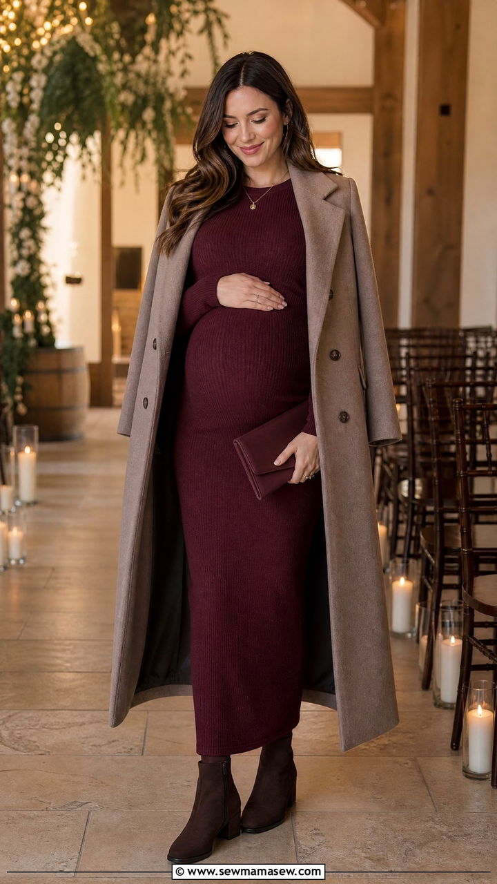 Maternity long sleeve maxi dress for winter wedding - 30 Maternity outfit ideas for wedding guest