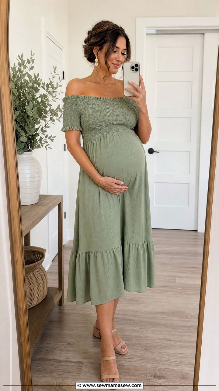Maternity off the shoulder midi dress for wedding - 30 Maternity outfit ideas for wedding guest