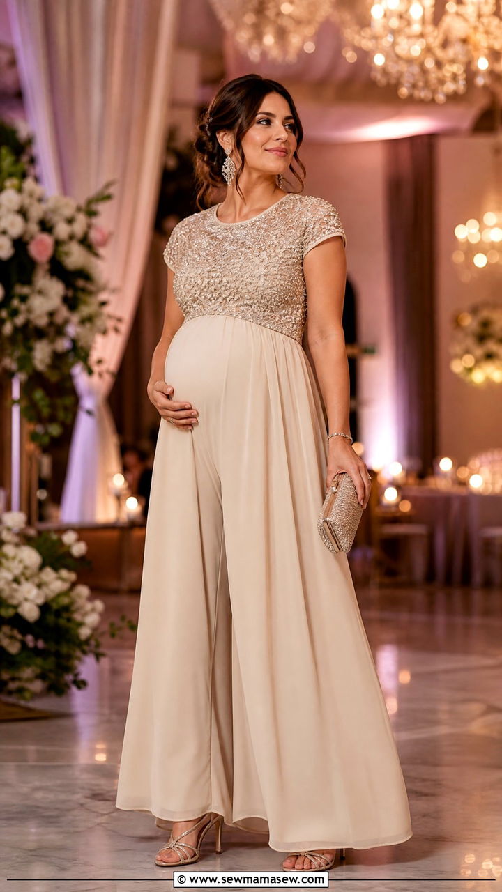 Maternity palazzo pants and embellished top for wedding - 30 Maternity outfit ideas for wedding guest