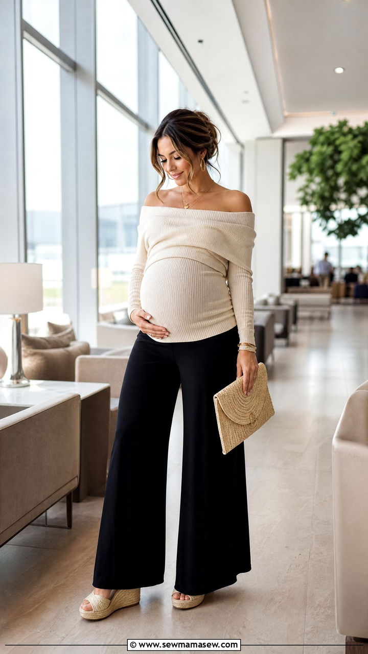 Maternity palazzo pants with off the shoulder top and wedge sandals - 25 Maternity outfit ideas for airport