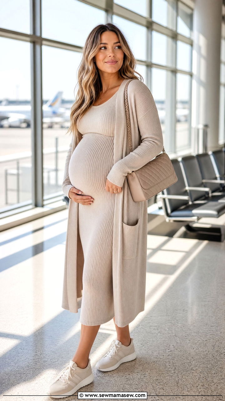 Maternity ribbed knit set with long cardigan and sneakers - 25 Maternity outfit ideas for airport