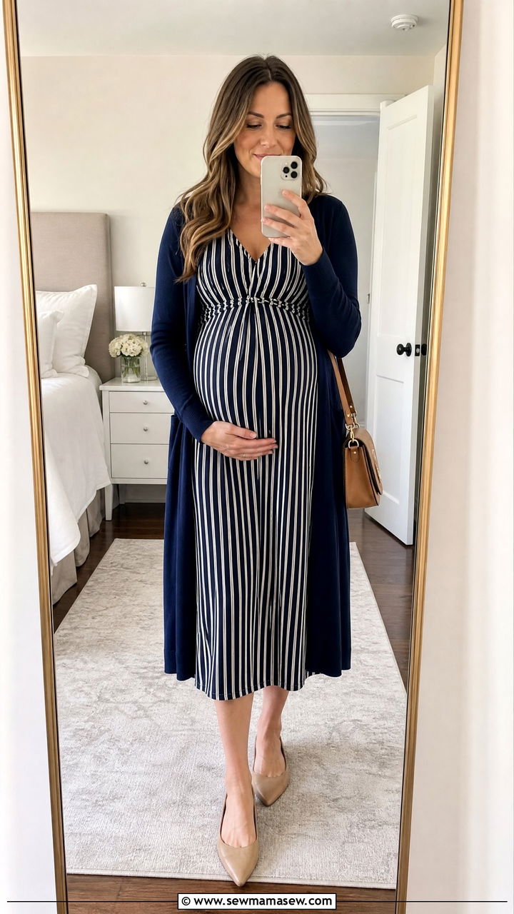 Maternity striped dress and cardigan interview - 25 Maternity outfit ideas work interview