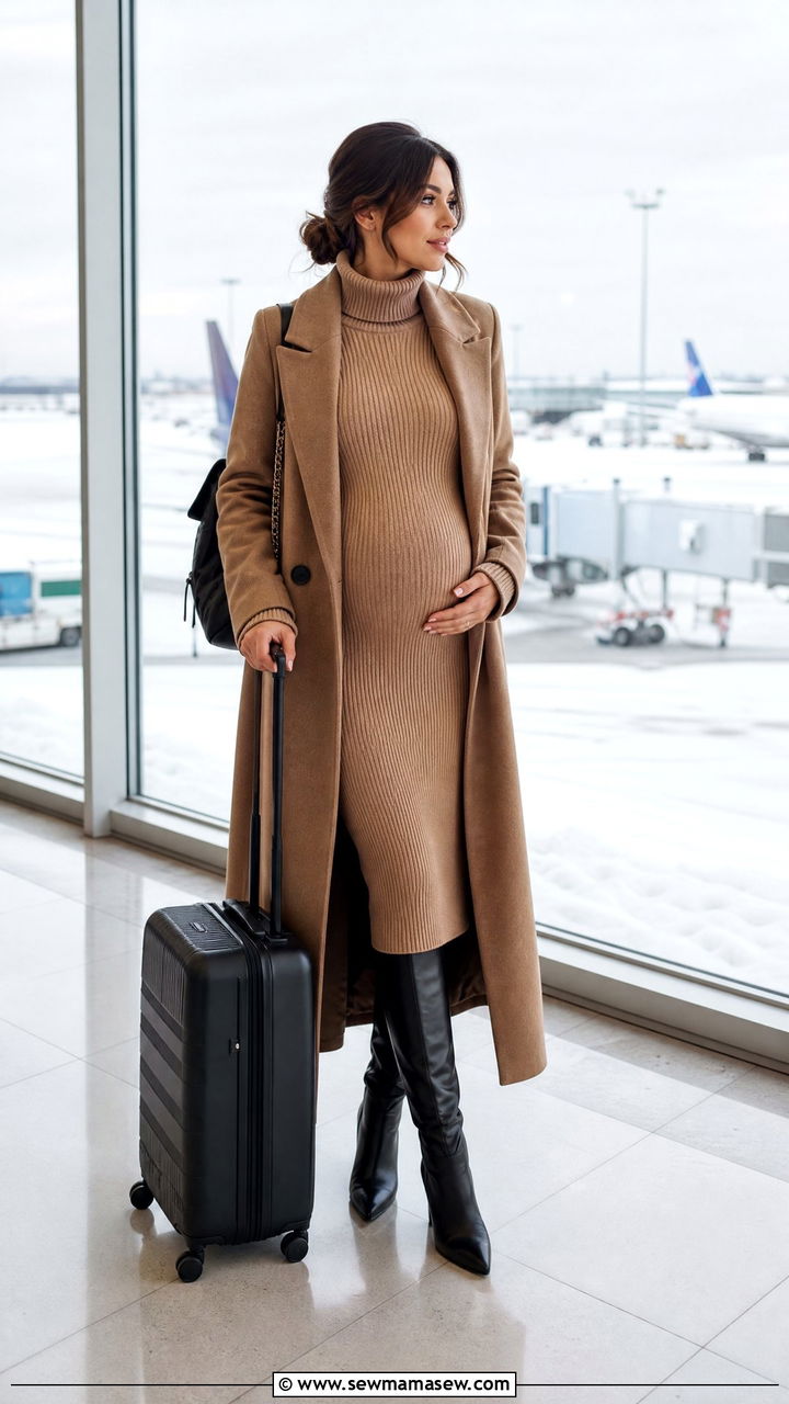 Maternity sweater dress with knee high boots for cold weather - 25 Maternity outfit ideas for airport