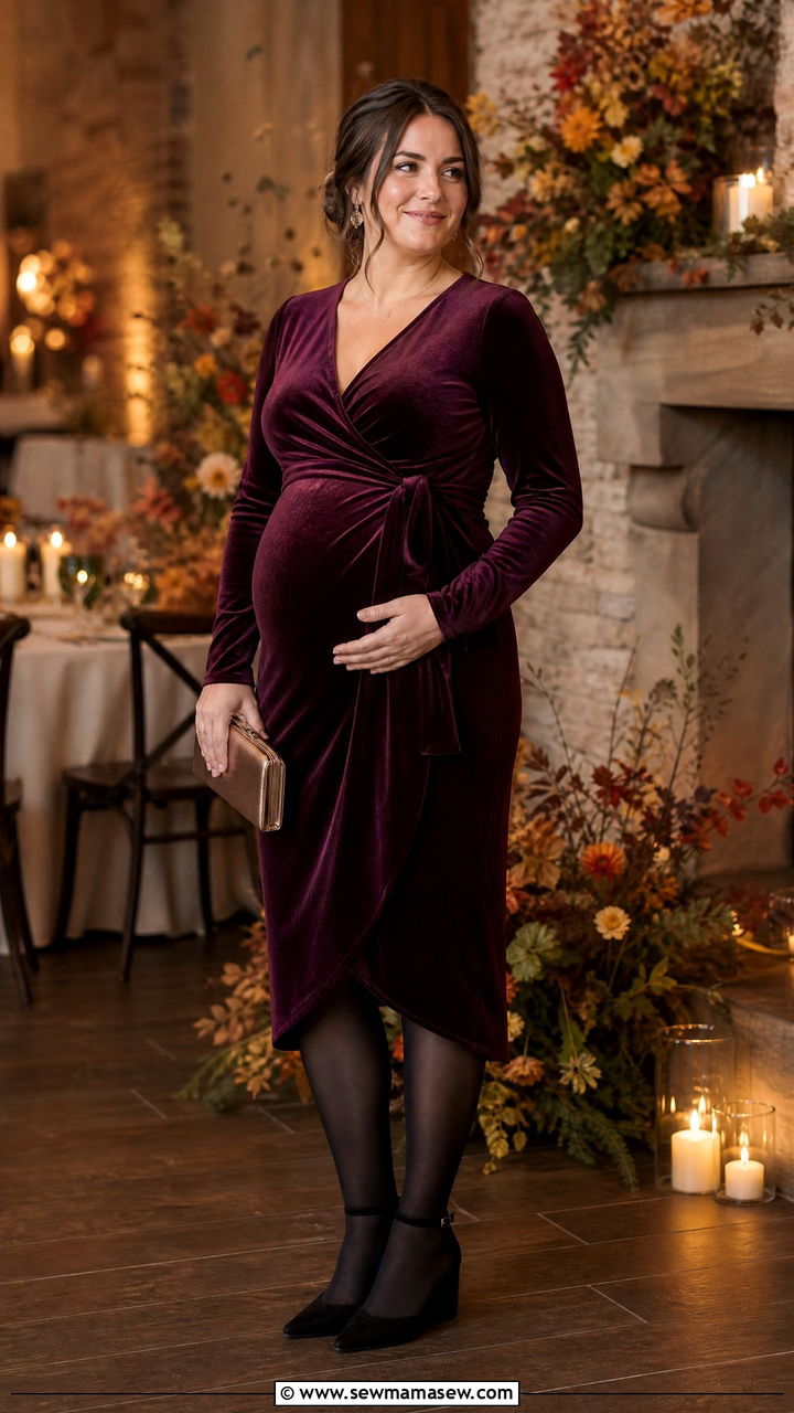 Maternity velvet wrap dress for fall wedding - 30 Maternity outfit ideas for wedding guest