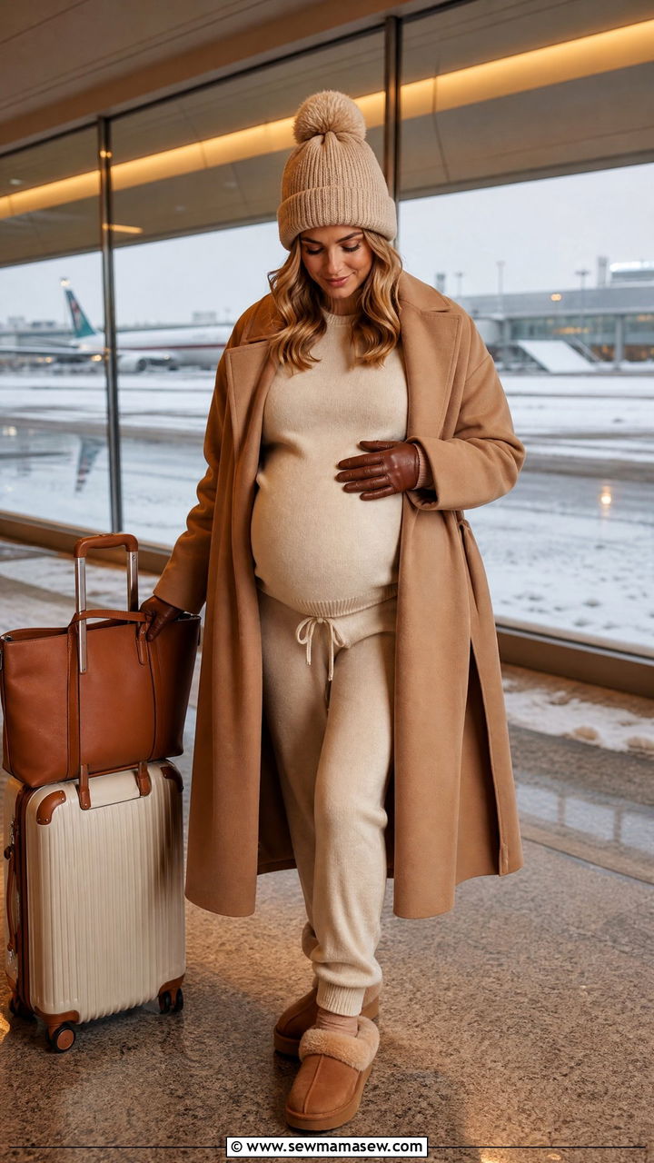 Maternity wrap coat over lounge set with shearling clogs - 25 Maternity outfit ideas for airport