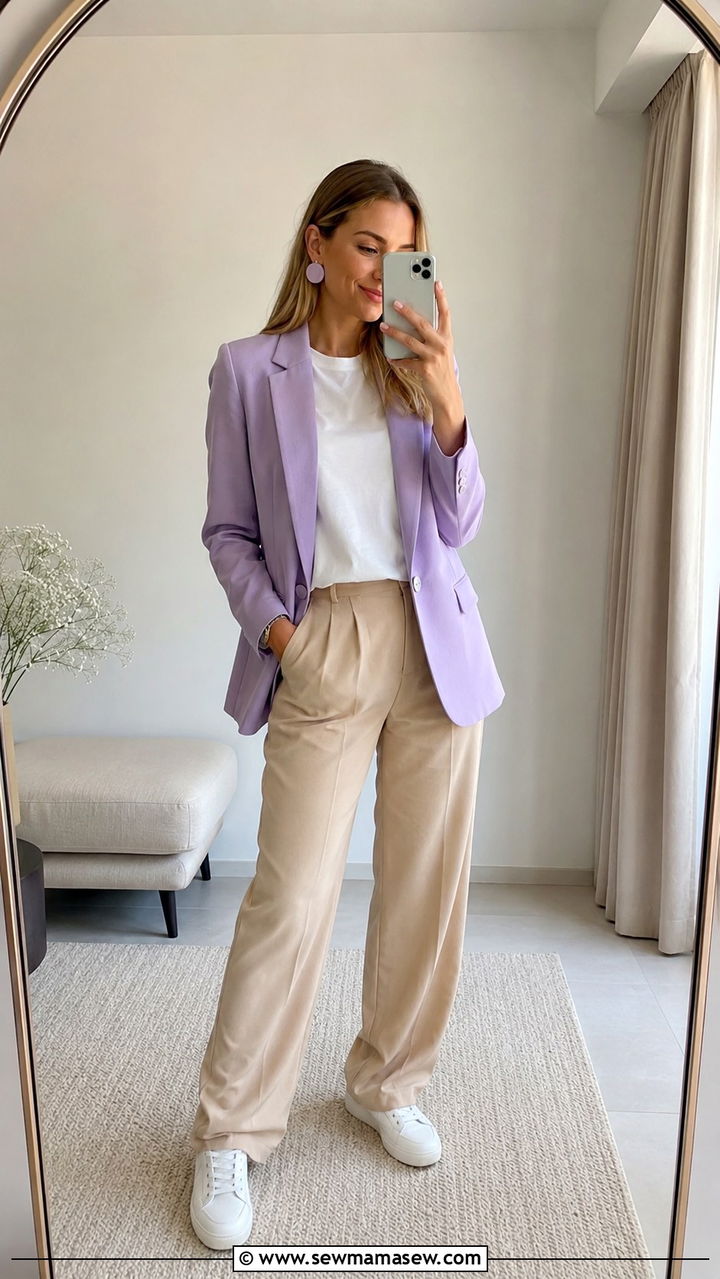 Matte Enamel Disc Earrings With Pastel Blazer And Relaxed Trousers - 30 Statement earrings outfit ideas