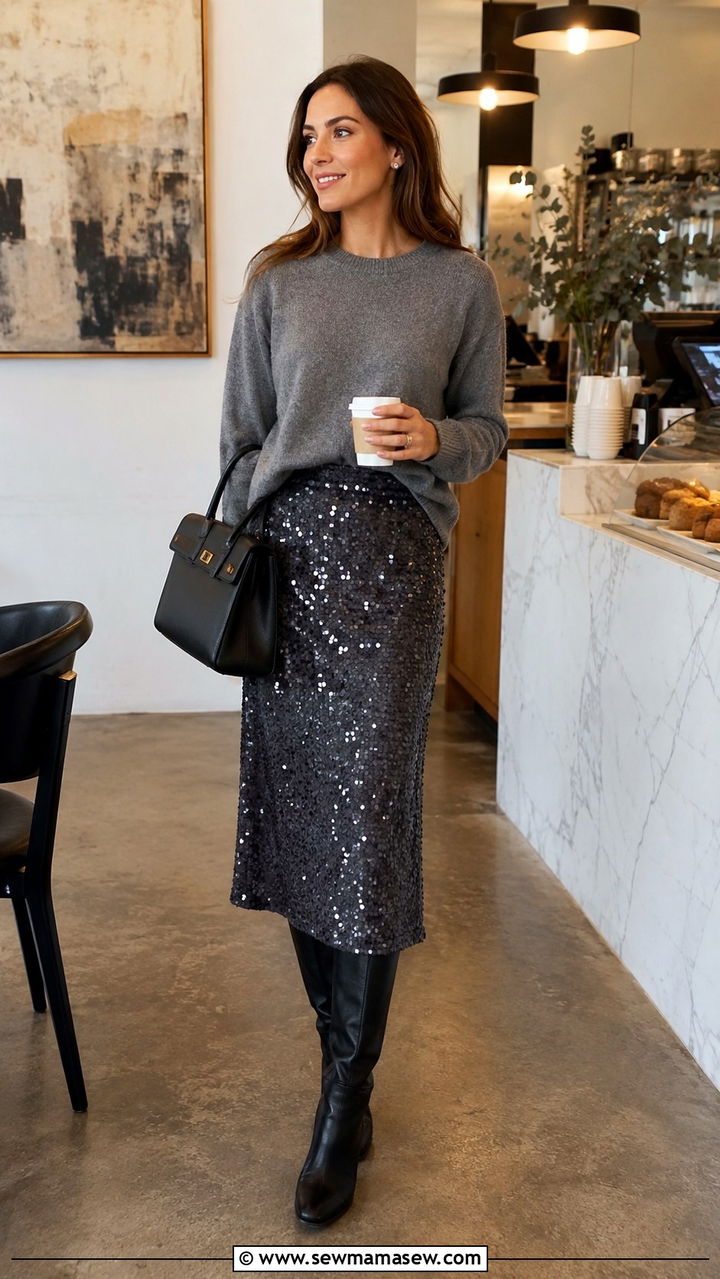 Matte Sequin Midi Skirt With Cashmere Sweater - 20 Sequin skirt outfit ideas 2026