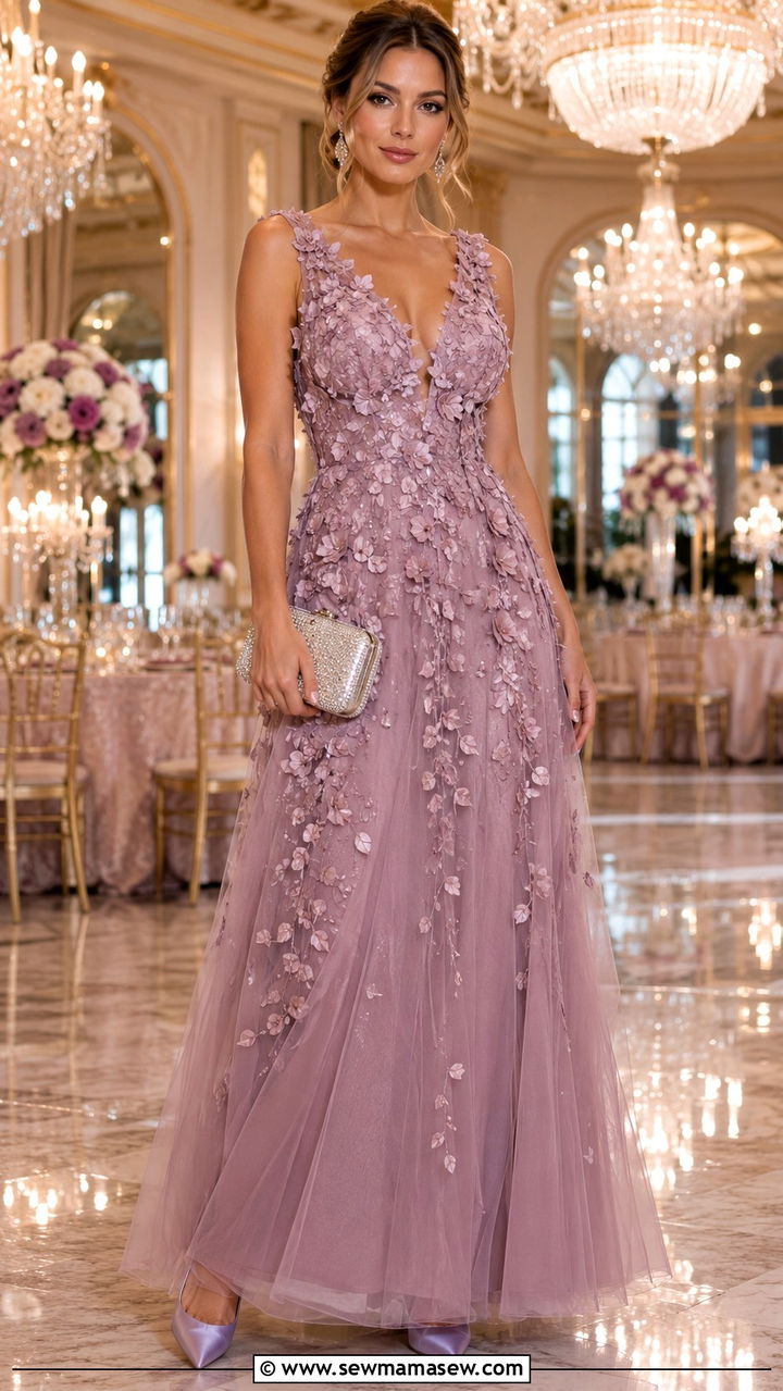 Mauve 3D Floral Applique Gown With Pastel Heels - 20 Wedding guest outfit ideas mauve dress
