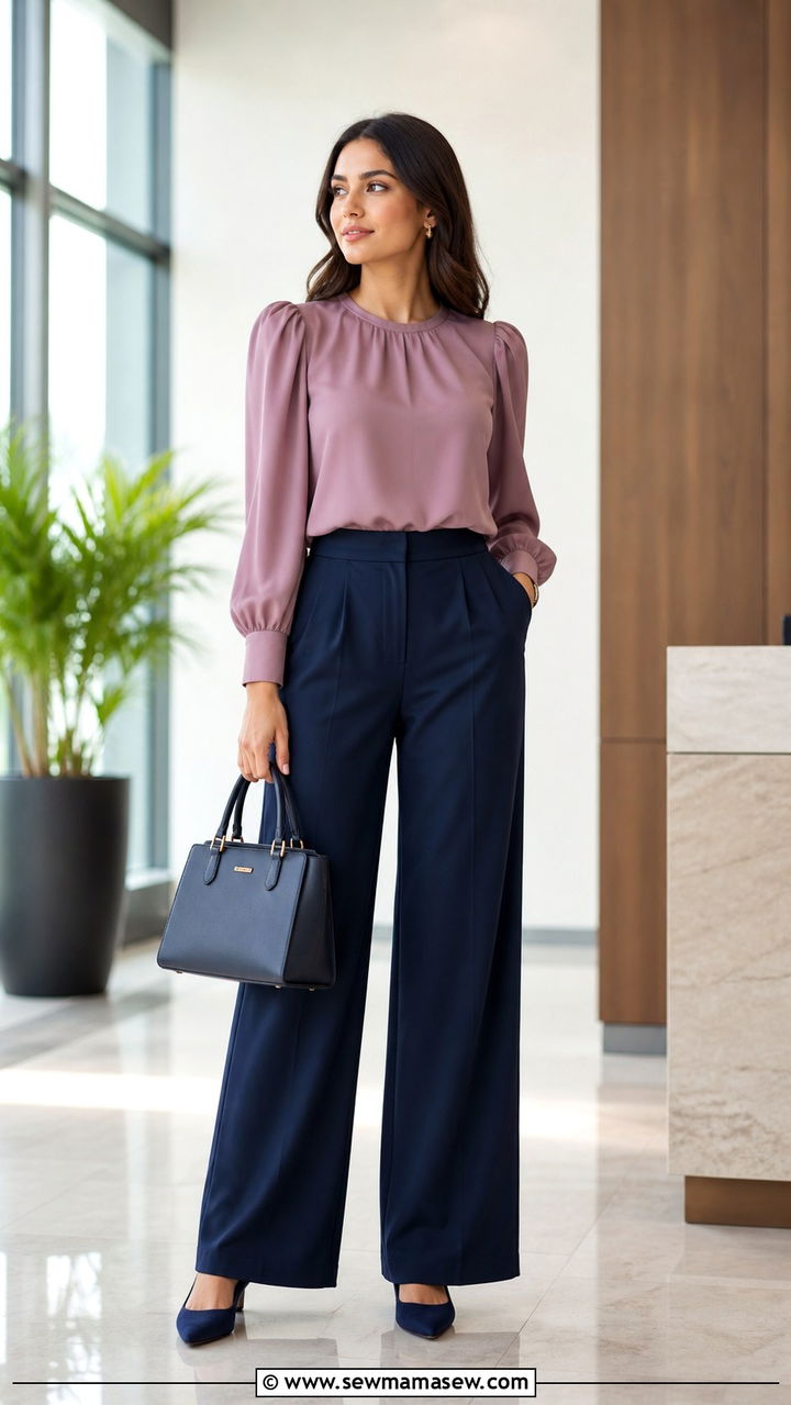 Mauve Blouse with Navy Wide Leg Trousers - 40 Purple outfit ideas