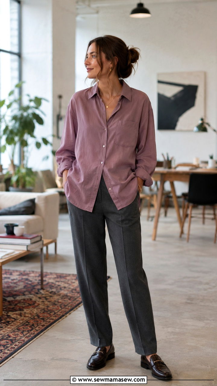 Mauve Button Down with Grey Trousers - 30 Pink outfit ideas for work