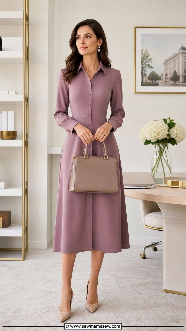 Mauve Button Front Midi Dress Outfit - 30 Old money outfit ideas for work