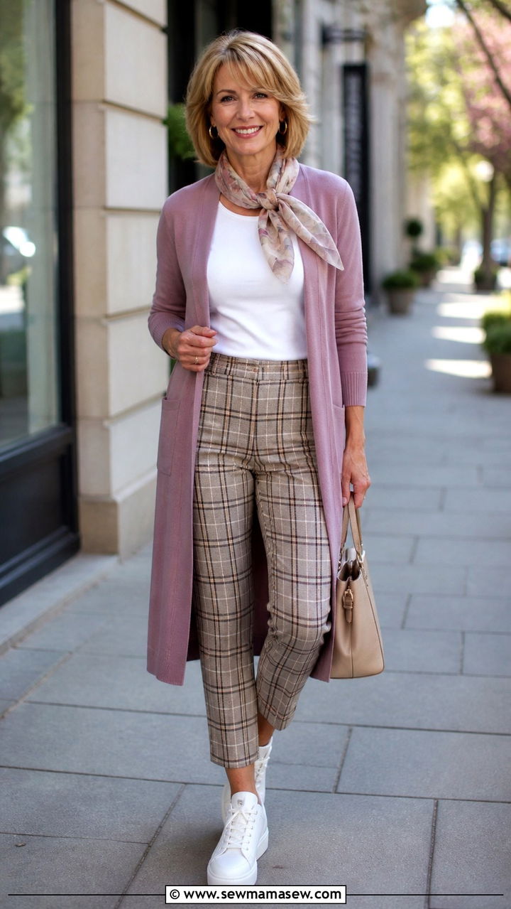 Mauve Cardigan With Plaid Cropped Trousers and White Sneakers - 40 Spring outfit ideas for women over 50 2026