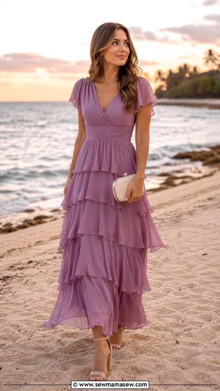 Mauve Chiffon Maxi Dress With Nude Block Heels - 20 Wedding guest outfit ideas mauve dress