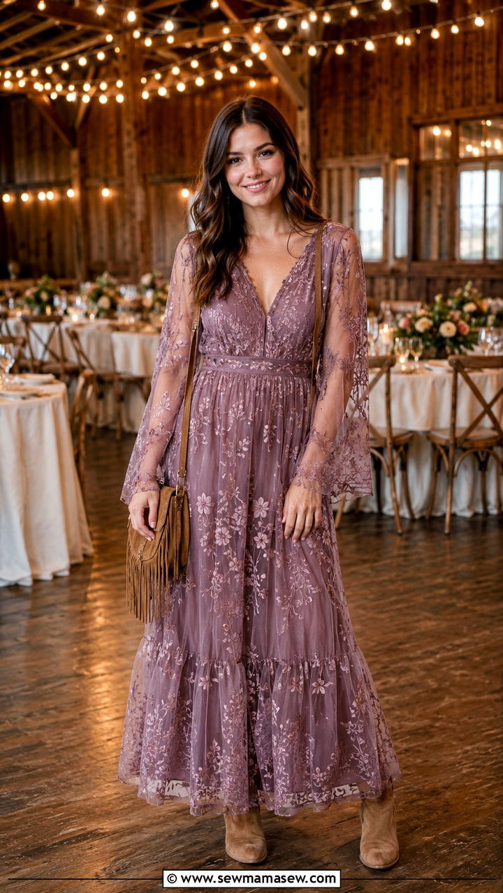 Mauve Embroidered Maxi Dress With Suede Ankle Boots - 20 Wedding guest outfit ideas mauve dress